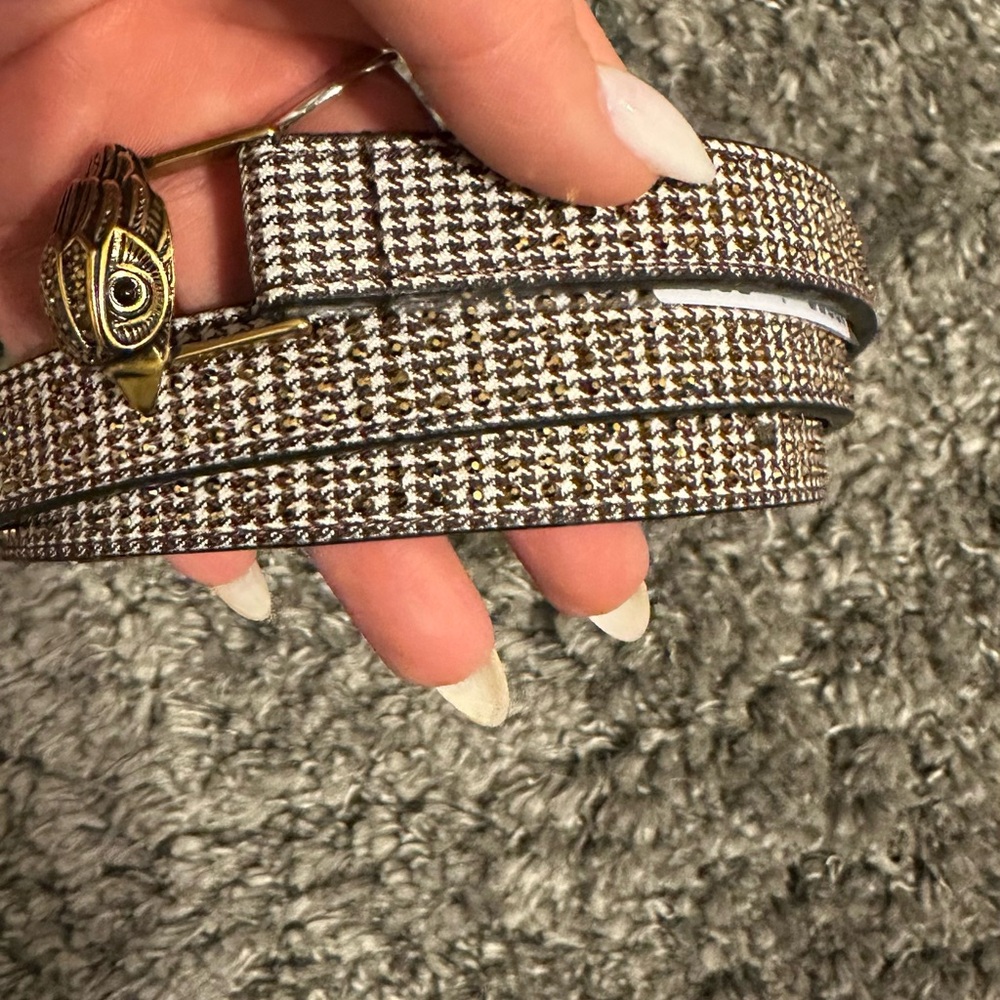 Kurt Geiger Brown and golf Houndstooth Belt with Gold Buckle